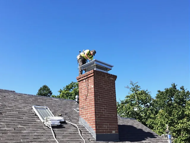 Farmington Chimney Sweep technician measuring a chimney cap in Farmington, CT